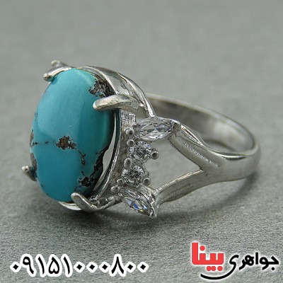 انگشتر فیروزه نیشابوری رودیوم مدل پرنس زنانه _کد:27859