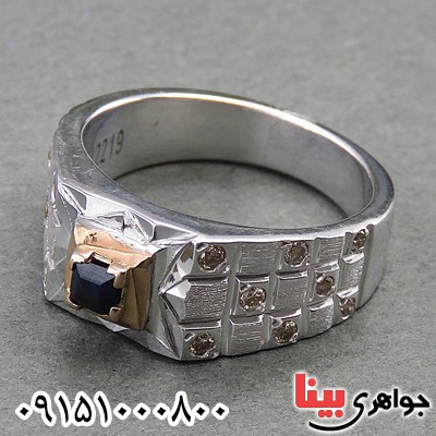 انگشتر یاقوت کبود و الماس فاخر دست ساز رودیوم مردانه _کد:27928