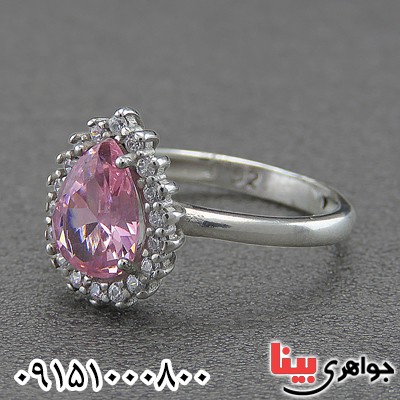 انگشتر نقره طرح توپاز صورتی مدل اشکی رودیوم _کد:28156