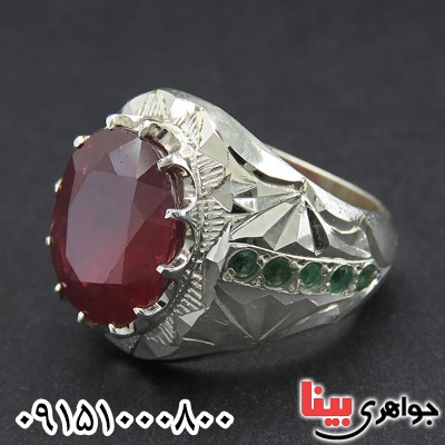 انگشتر یاقوت سرخ و دور زمرد دست ساز فاخر مردانه _کد:28438