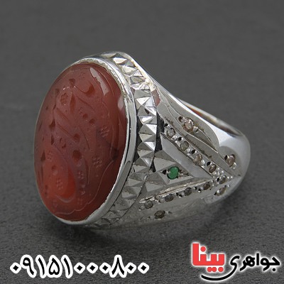 انگشتر عقیق یمنی خطی و الماس دست ساز با حکاکی یا امیرالمومنین _کد:28447