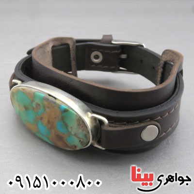 دستبند فیروزه نیشابوری با بند چرمی و قاب نقره دست ساز _کد:29459