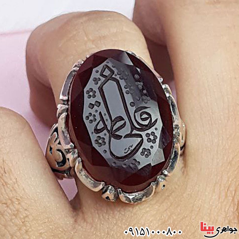 انگشتر عقیق کبدی خراسانی خطی مردانه شیک با حکاکی علی و فاطمه _کد:29559