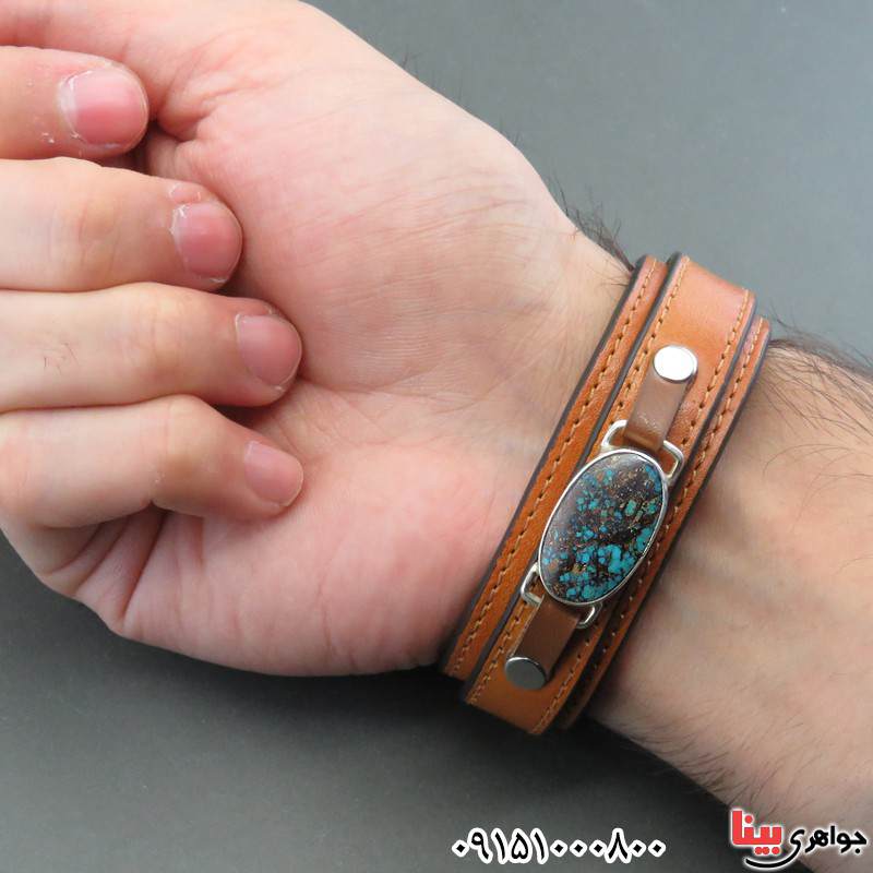 دستبند فیروزه نیشابوری چرمی مردانه خاص و شیک _کد:30027