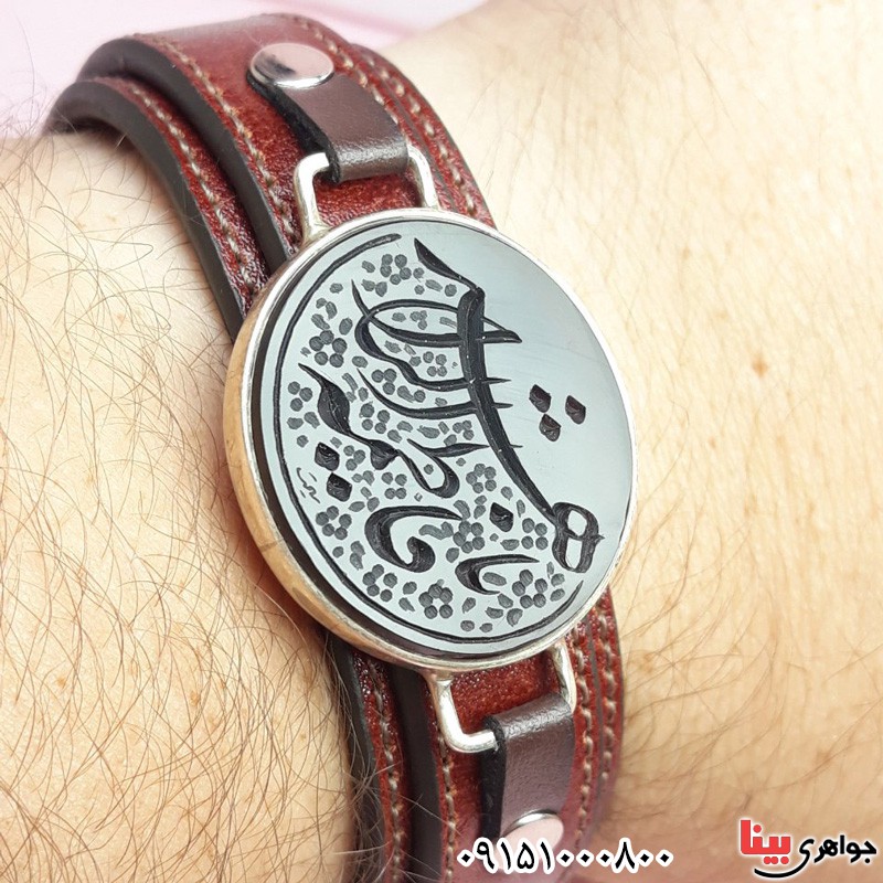 دستبند عقیق سیاه (اونیکس) خطی با حکاکی یا فاطمه الزهرا با قاب نقره دست ساز 