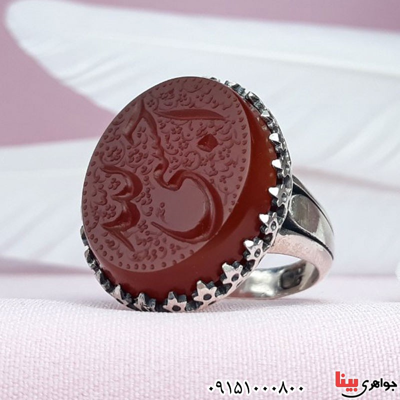 انگشتر عقیق قرمز خطی با حکاکی حسبی الله _کد:30381