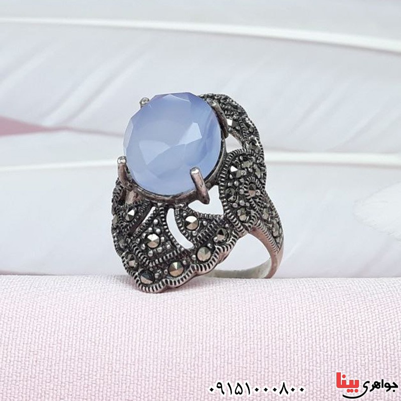 انگشتر عقیق یمنی کبود مارکازیتی زنانه خاص _کد:31429