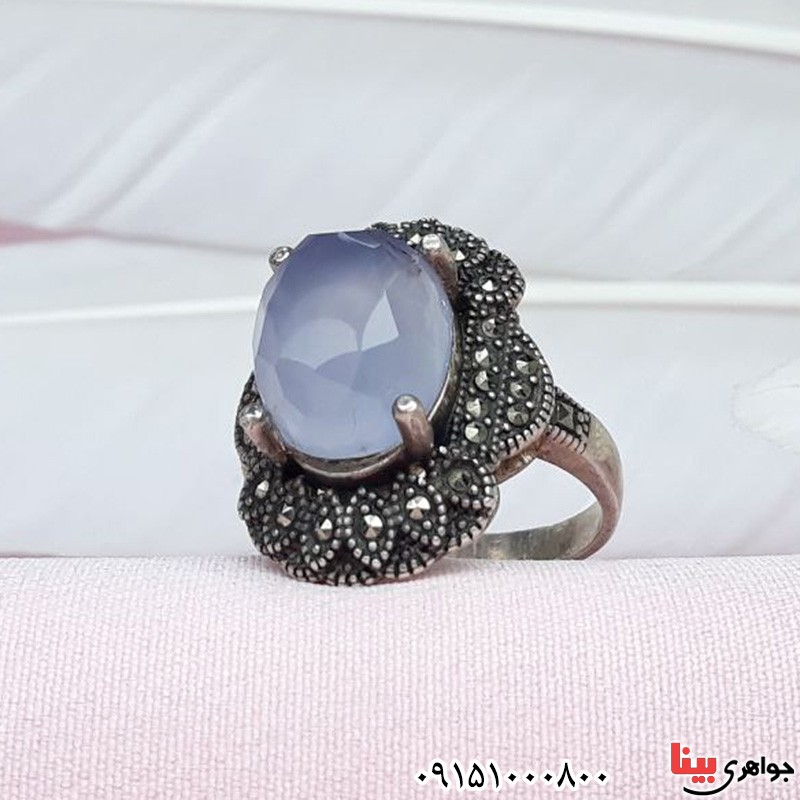 انگشتر عقیق یمنی کبود زیبای مارکازیتی _کد:31430