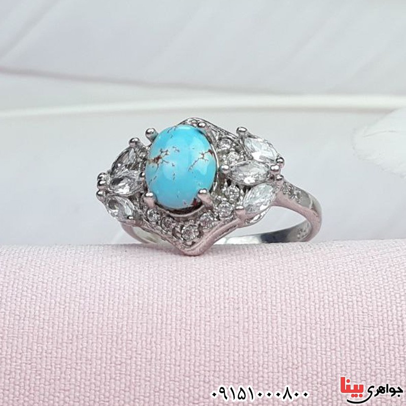 انگشتر فیروزه نیشابوری خاص و خوشرنگ رودیوم _کد:31442