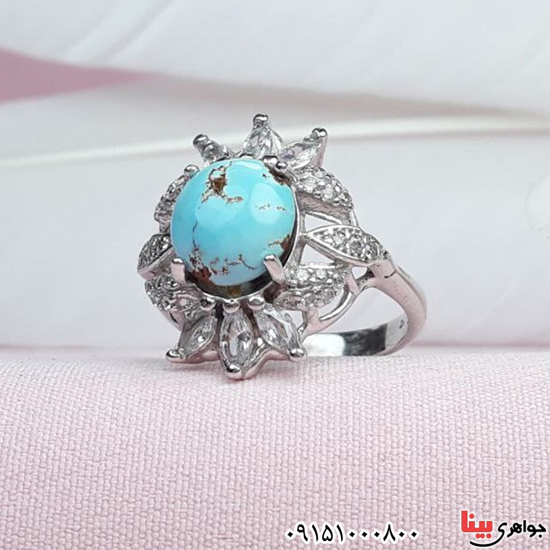 انگشتر فیروزه خوشرنگ نیشابوری رودیوم _کد:31454