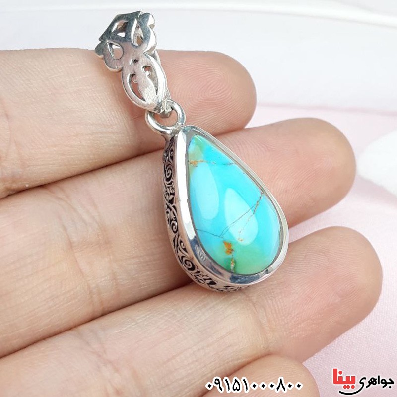 گردنبند فیروزه نیشابوری پشت بسته دست ساز با حرز و تربت _کد:31465