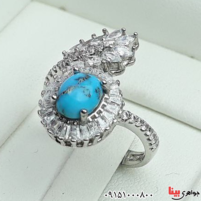 انگشتر فیروزه نیشابوری رودیوم طرح برگ _کد:31822