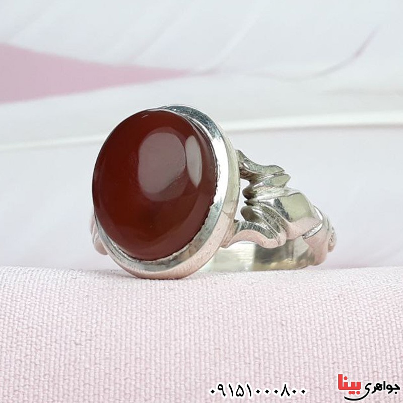 انگشتر عقیق یمنی سرخ خوشرنگ دست ساز با حرز و تربت _کد:32271