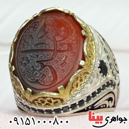 انگشتر عقیق قرمز خطی با حکاکی یا حسین بسیار زیبا _کد:32399