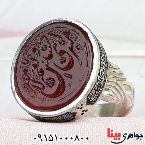 انگشتر عقیق قرمز خطی دست ساز پشت بسته با حکاکی _کد:32785