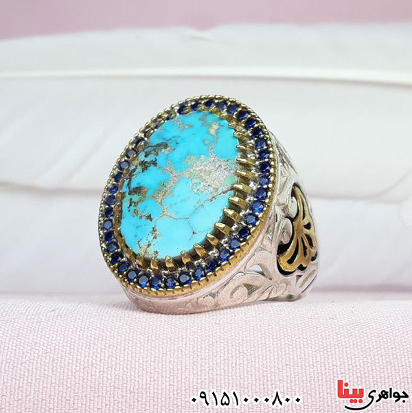 انگشتر فیروزه نیشابوری فاخر مخراج کاری شده _کد:33012