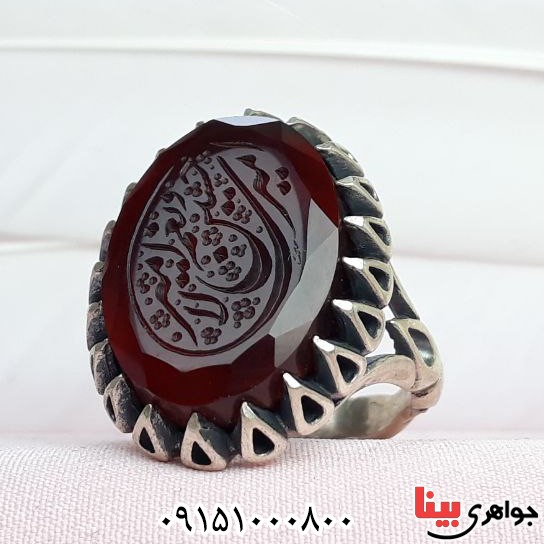انگشتر عقیق کبدی خراسانی خطی درشت با حکاکی _کد:33061
