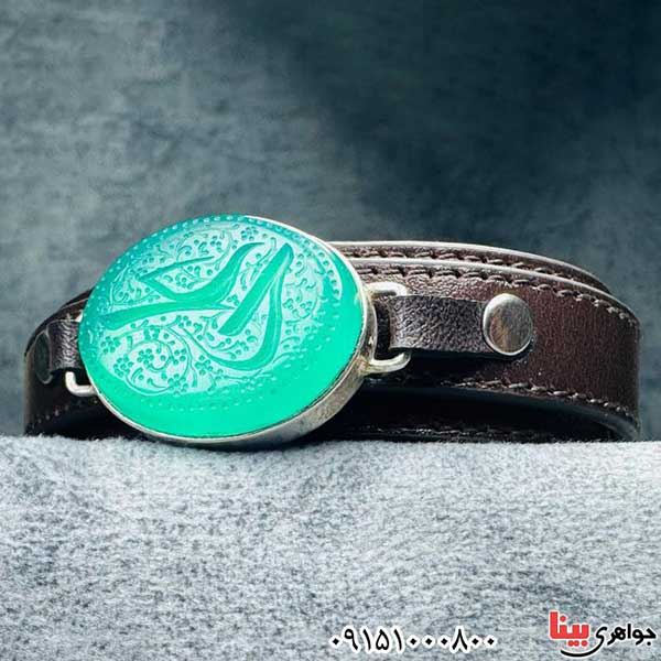 دستبند عقیق سبز خطی با حکاکی علی معلا با قاب نقره _کد:33082