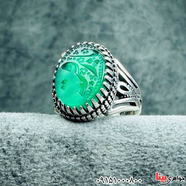 انگشتر عقیق سبز خطی بسیار خوشرنگ با حکاکی یا رقیه _کد:33165