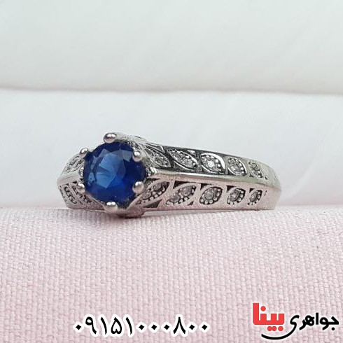 انگشتر یاقوت کبود رودیوم خوشرنگ و خاص زنانه _کد:33451