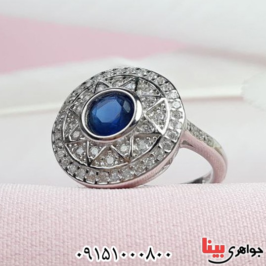 انگشتر یاقوت کبود رودیوم خوشرنگ و مدرن زنانه _کد:33569