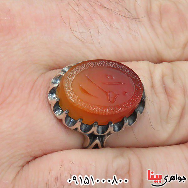 انگشتر عقیق قرمز خطی چشم نواز و ارزشمند با حکاکی زهرا _کد:33684