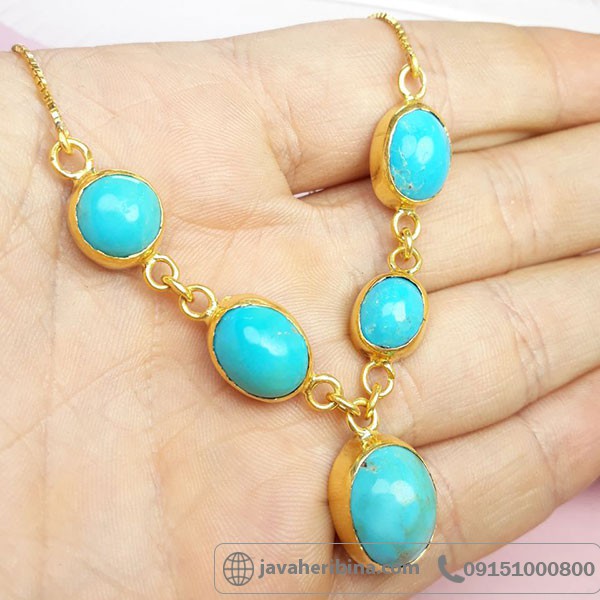 سینه ریز فیروزه تبت با آبکاری طلا _کد:33946