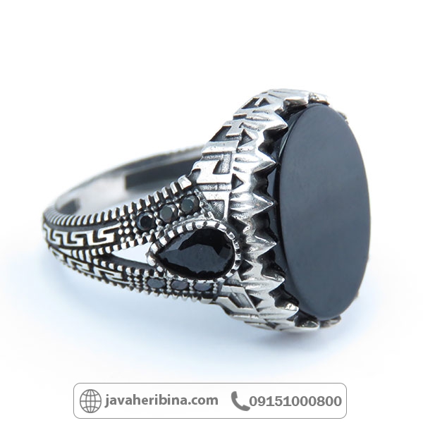 انگشتر عقیق سیاه (اونیکس) نقره مردانه با مخراج نگین عقیق _کد:34205