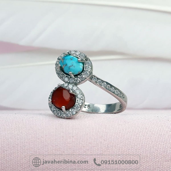 انگشتر چند جواهر زنانه فیروزه نیشابور و عقیق یمنی _کد:34636