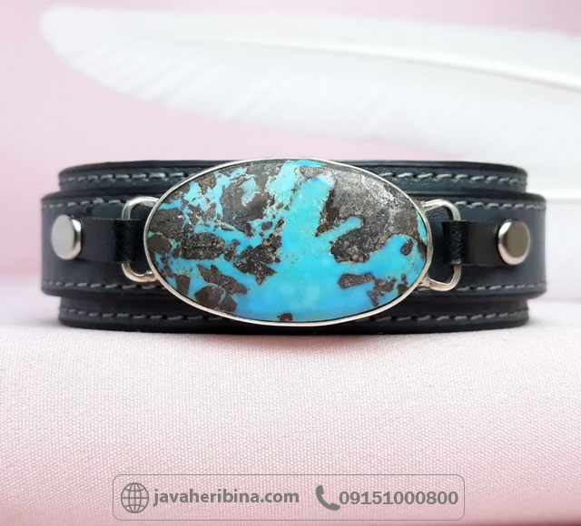دستبند فیروزه نیشابوری مردانه با چرم طبیعی _کد:34952