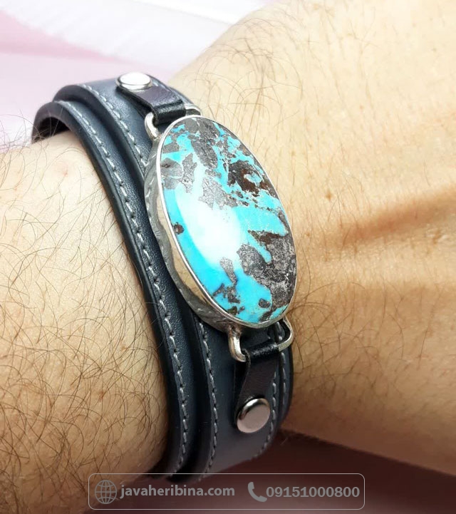 دستبند فیروزه نیشابوری مردانه با چرم طبیعی _کد:34952