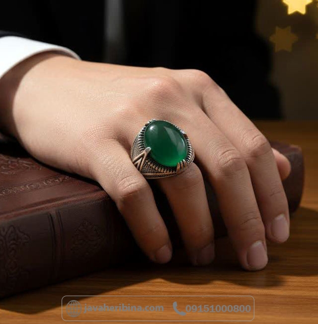 انگشتر عقیق سبز نقره مردانه خوش رنگ _کد:34961