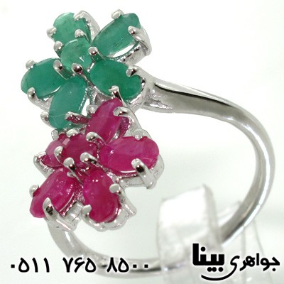 انگشتر چند جواهر یاقوت سرخ و زمرد دو گل زنانه