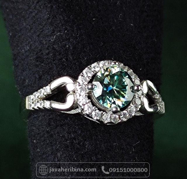 انگشتر الماس موزونایت سبز نقره زنانه _کد:35005
