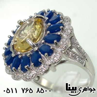 انگشتر سیترین درشت و یاقوت کبود اشرافی زنانه