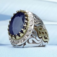 انگشتر یاقوت کبود نقره فاخر مردانه تاج برنجی _کد:35235