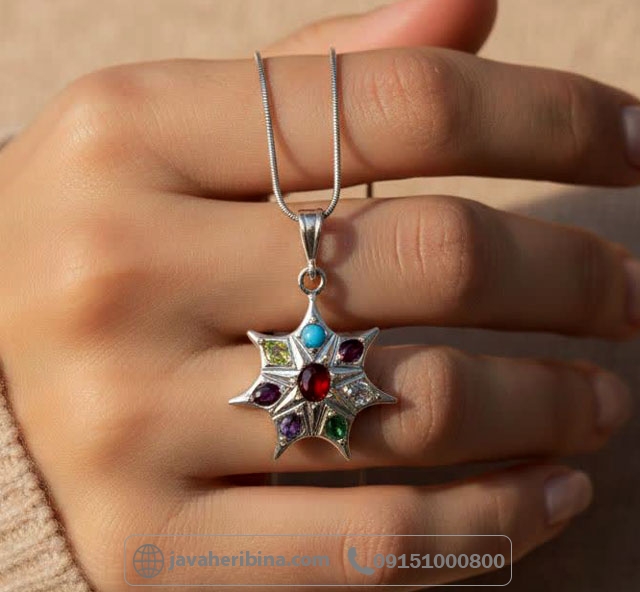 گردنبند چند جواهر نقره طرح خورشید بدون زنجیر _کد:35276