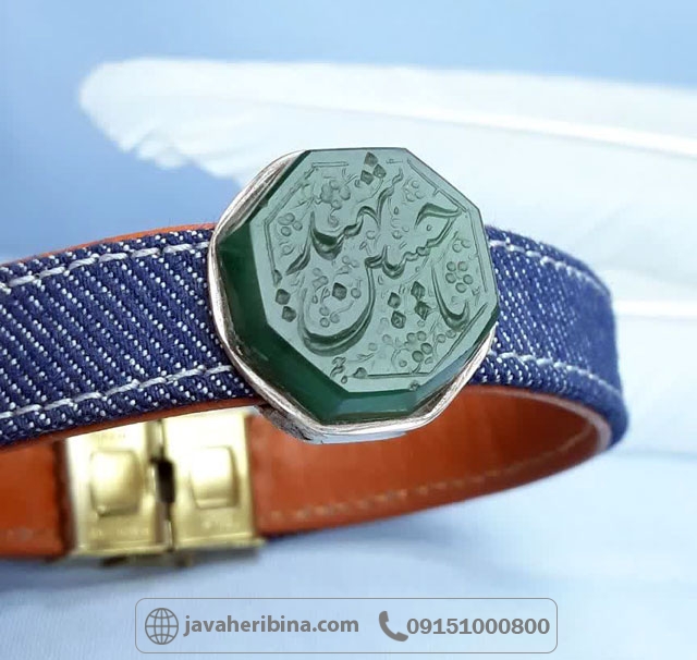 دستبند یشم نقره مردانه دست ساز با بند چرمی خاص _کد:35498