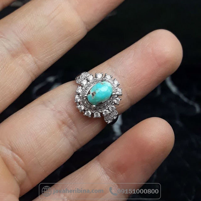 انگشتر فیروزه نیشابوری نقره زنانه رودیوم طرح خورشید _کد:35718