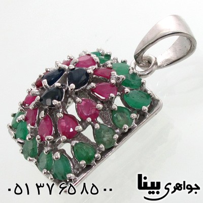 گردنبند چند جواهر زمرد و یاقوت کبود و سرخ زنانه
