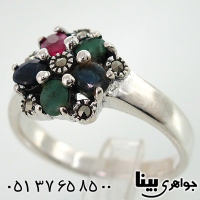 انگشتر چند جواهر زمرد و یاقوت گبود و سرخ زنانه