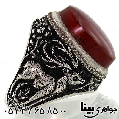 انگشتر عقیق یمنی مردانه طرح هدهد و غزال