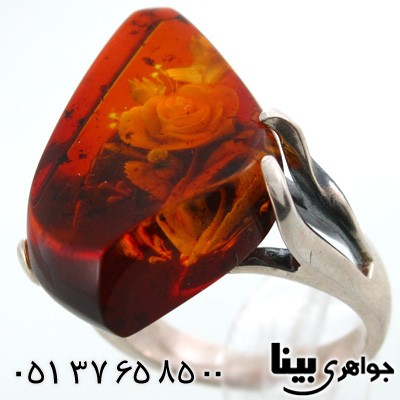 انگشتر کهربا پلندی زنانه طرح گل رز سه بعدی درشت