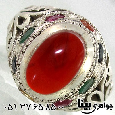 انگشتر چند جواهر عقیق یمنی و یاقوت مردانه دورنگین فاخر