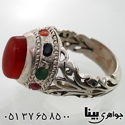 انگشتر چند جواهر عقیق یمنی و یاقوت مردانه دورنگین فاخر