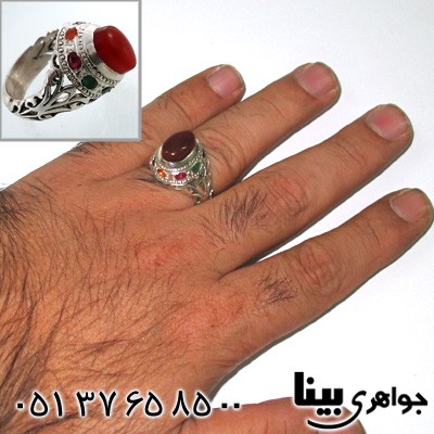 انگشتر چند جواهر عقیق یمنی و یاقوت مردانه دورنگین فاخر