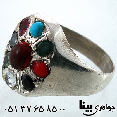 انگشتر چند جواهر عقیق یمنی و زمرد مردانه نه نگین