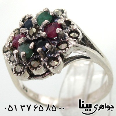 انگشتر چند جواهر یاقوت و زمرد زنانه طرح شکوفه