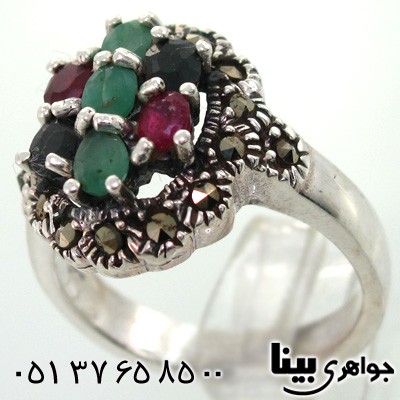 انگشتر چند جواهر یاقوت و زمرد زنانه بیضی گل