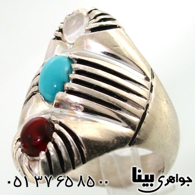 انگشتر چند جواهر مردانه عقیق یمنی و در نجف و فیروزه سه نگین